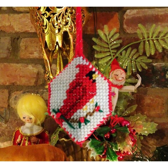 Handmade Plastic Canvas Cardinal 3D Christmas Ornament holly cross stitch holly - Picture 1 of 9